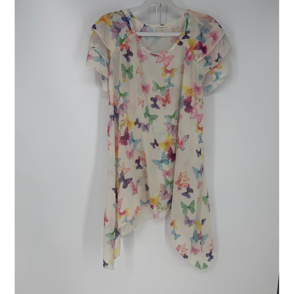 Indigo Soul Butterfly Tunic Women Large Cream Multi Flutter Boho Fairy Sheer Y2K